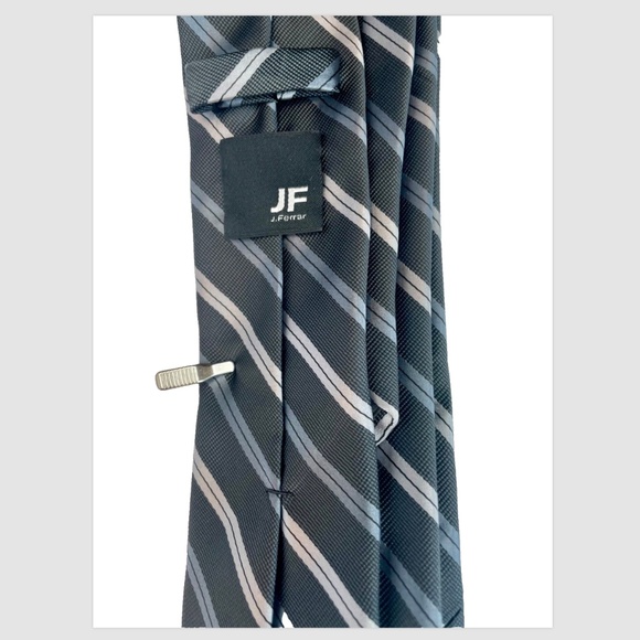 BLACK / SILVER  STRIPED JF J. FERRAR MEN’S NECK TIE & SILVER TIE CLIP - Picture 4 of 4